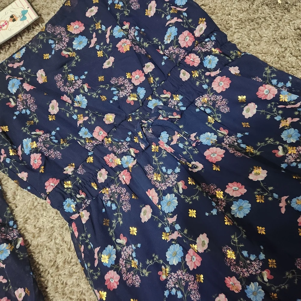 Girls' Navy Floral Long-Sleeve Casual Dress with Pink & Light Blue Flowers